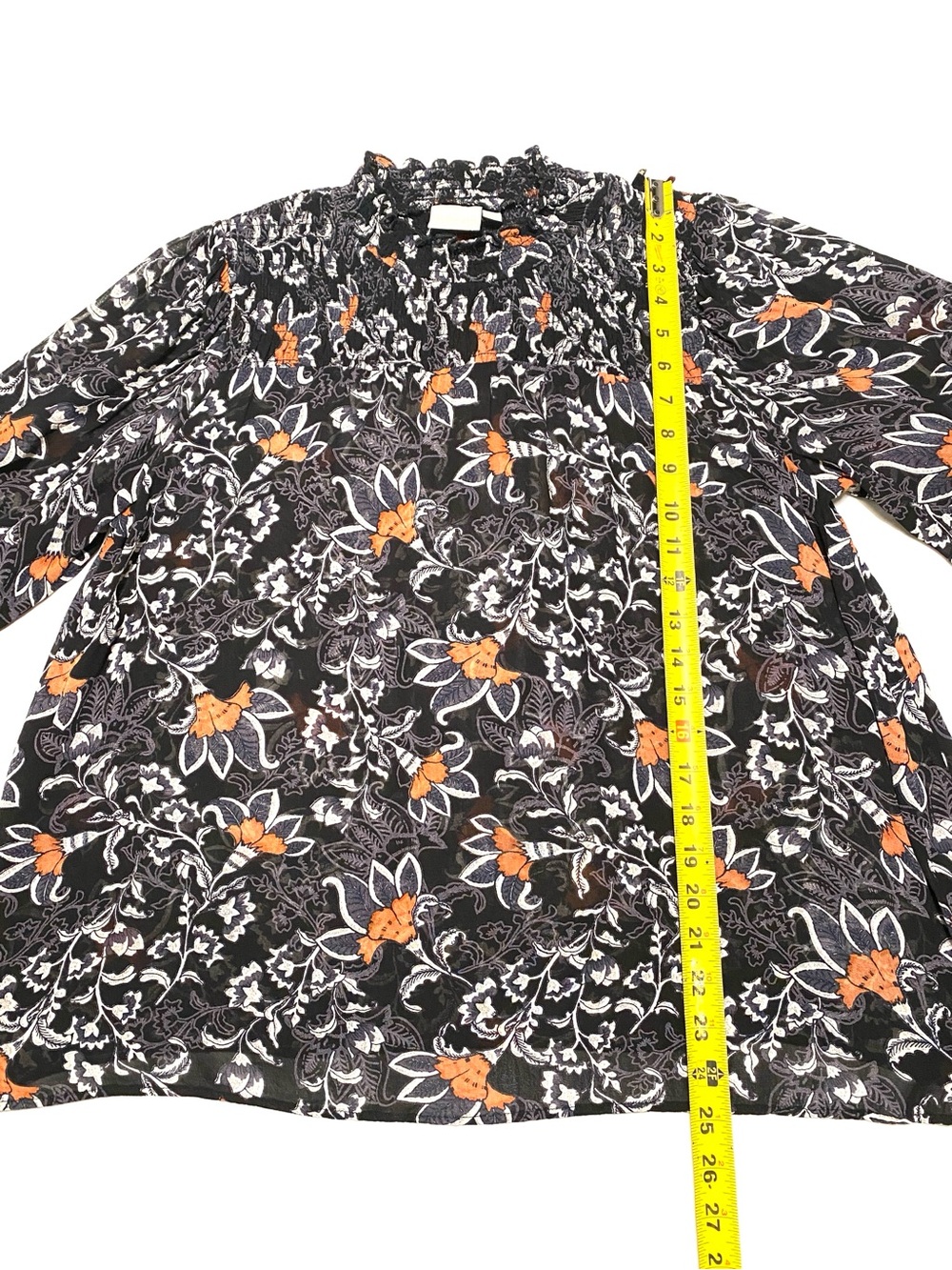 B. Copenhagen Floral Smocked Neck Sheer Blouse Black Burnt Apricot Paisley US M - Picture 10 of 14